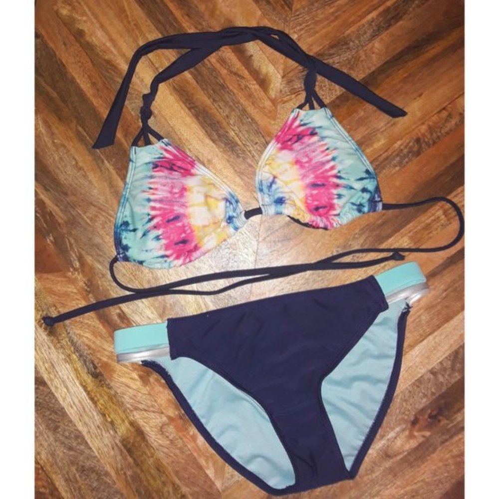 ARIZONA Navy Blue Colorful Tie-Dye Triangle String Y2K Bikini Set - Size S - Picture 2 of 11
